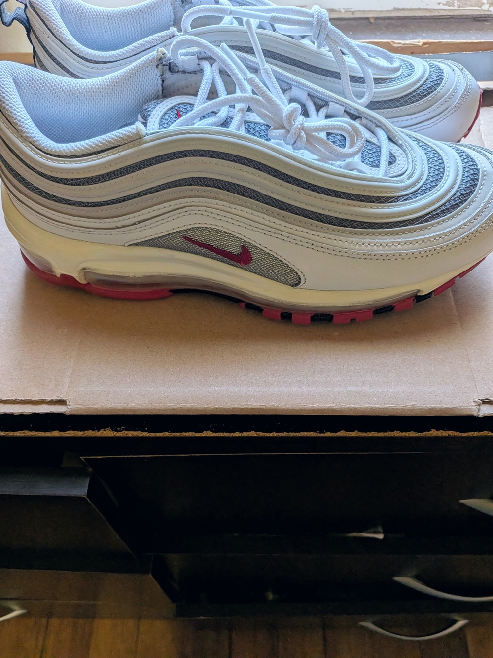 Nike Air Max 97 Sneakers in White & Grey with Red Accents